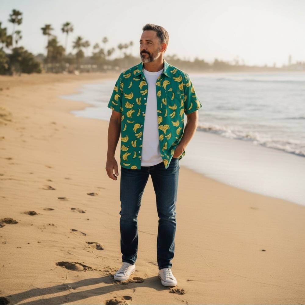 Havana Banana Hawaiian Shirt Blue/Green/Teal Banana Print Men's Shirt.